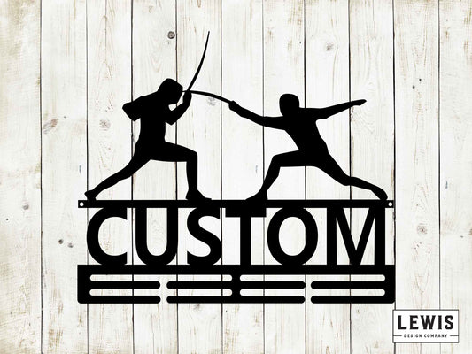 Fencing Duel Custom Name Medal Hanger Monogram - 12 Rungs for medals & Ribbons, Medal Display, Sports Medals, Kids Room Decor, Fencing