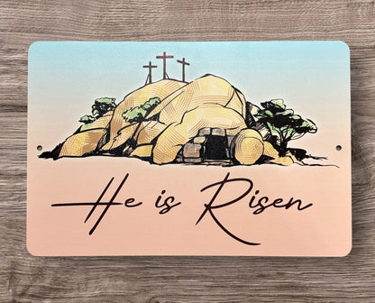 He Is Risen Easter Metal Sign - Religious Christian Wall Art Decor