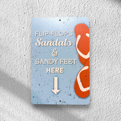 Printed Beach Shoes Here Sign, Beach Decor, Custom Metal Powder Coated & Printed Sign