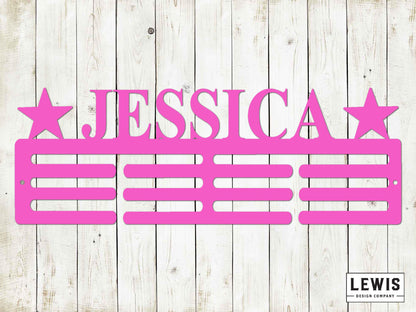 Custom Name Medal Hanger with Stars  - 12 Rungs for medals & Ribbons, Medal Display, Sports Medals, Kids Room, Kids Room Sports Decor