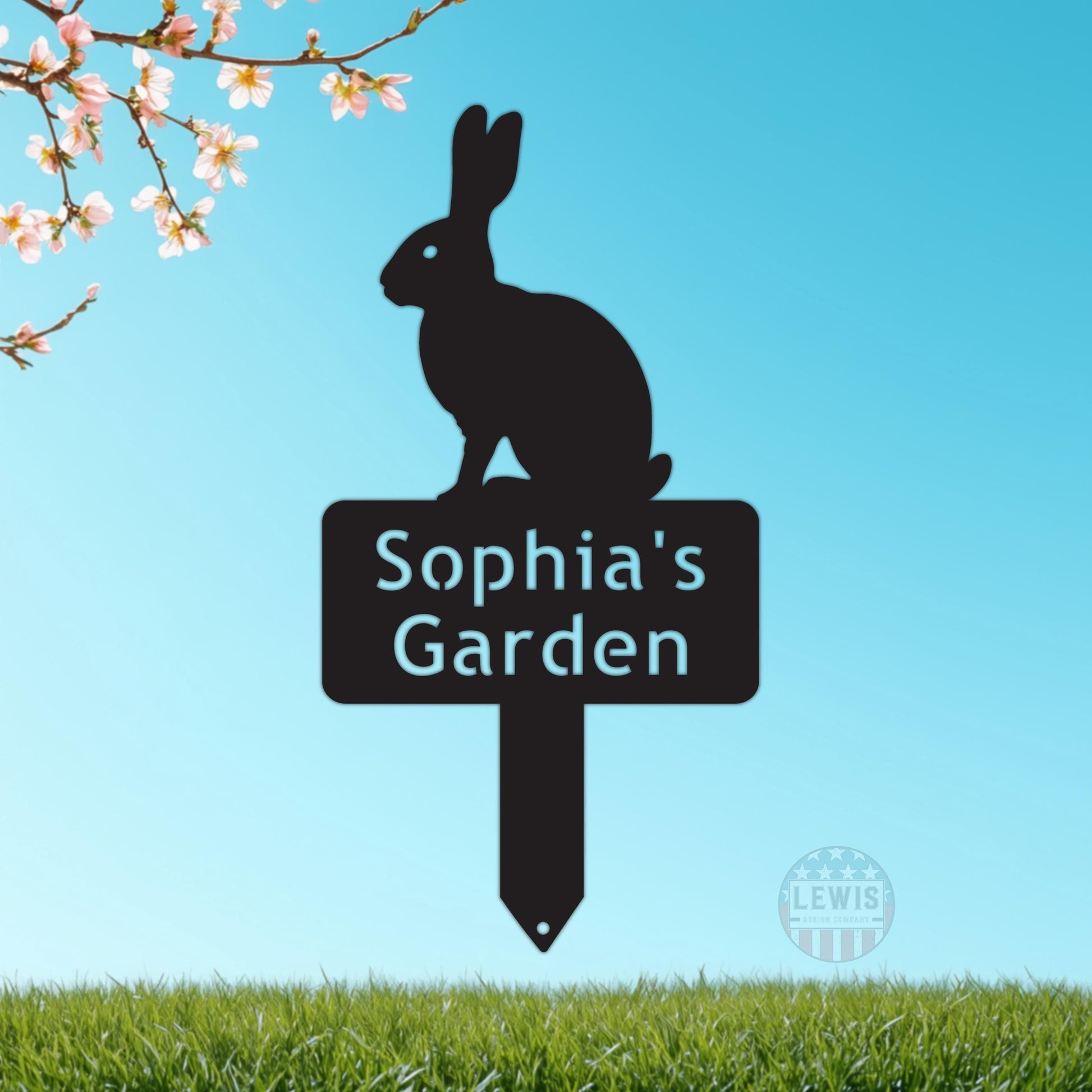 Personalized metal garden sign with rabbit silhouette and 'Sophia's Garden' text.