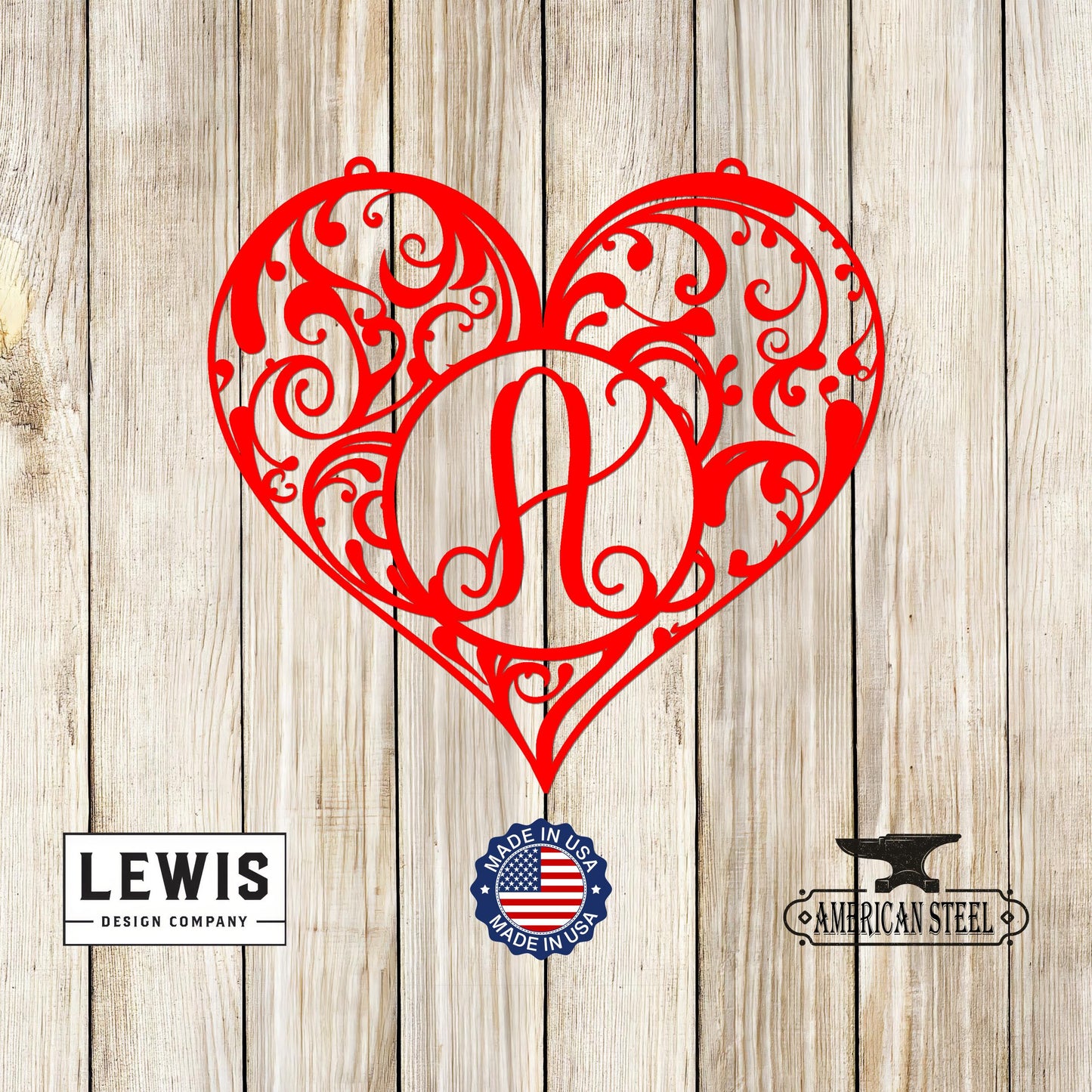 Heart Monogram Door Hanger - Red 'A' monogram, Personalized Valentine's & Year-Round Decor on wood background, Lewis Design Company.