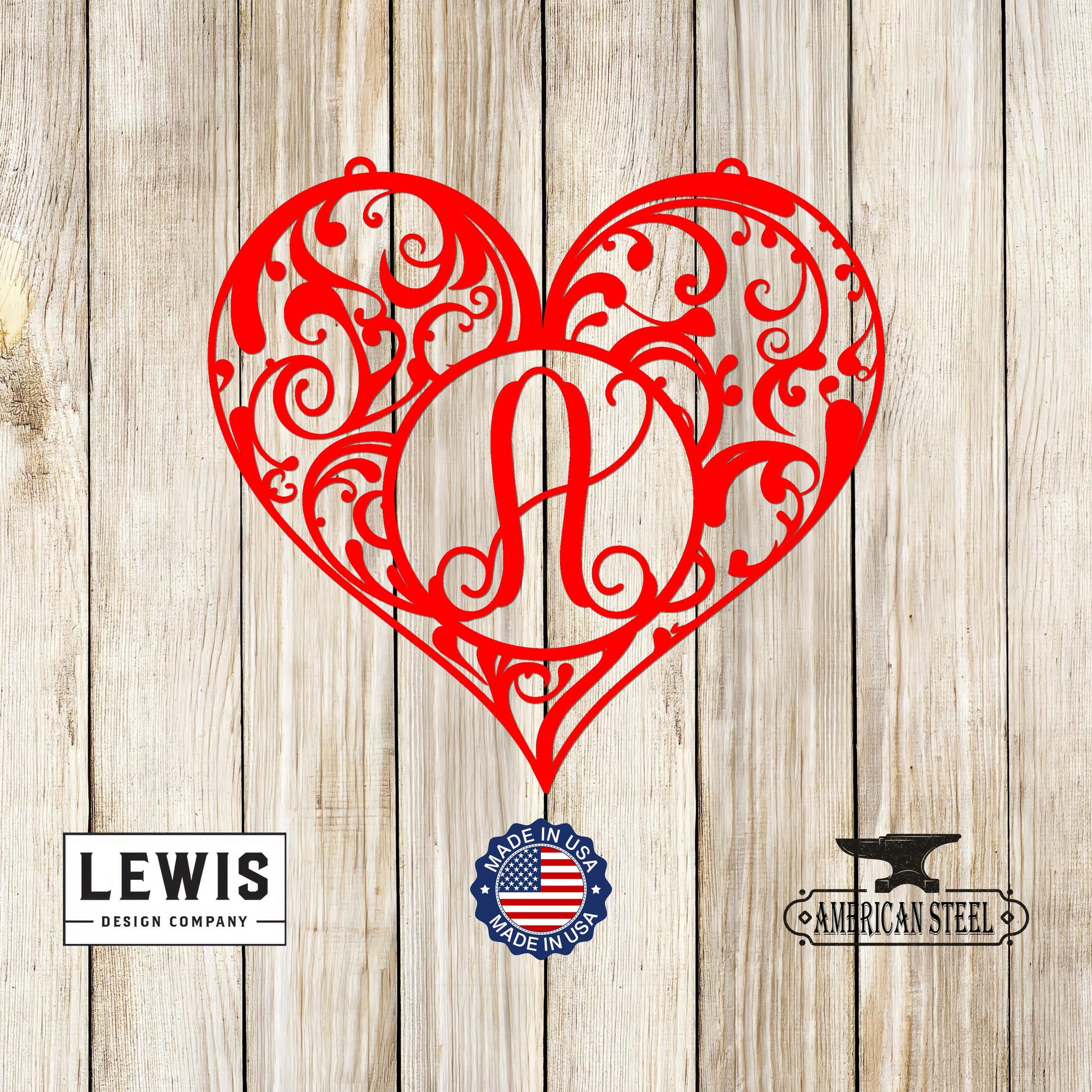 Heart Monogram Door Hanger - Red 'A' monogram, Personalized Valentine's & Year-Round Decor on wood background, Lewis Design Company.
