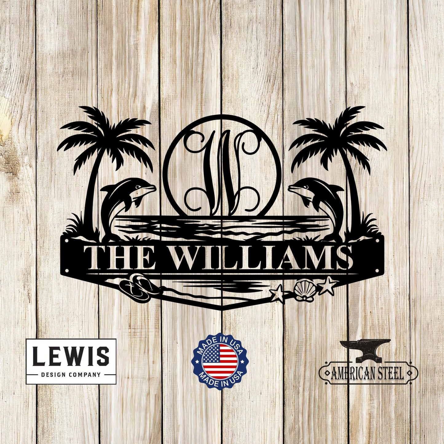 Custom Beach Monogram Sign with Dolphins