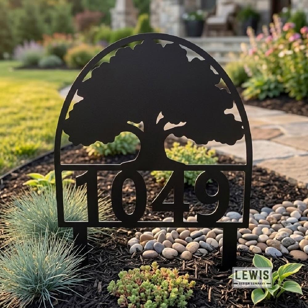 Metal Oak Tree Address Yard Sign with Stakes