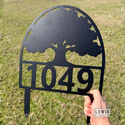 Metal Oak Tree Address Yard Sign with Stakes