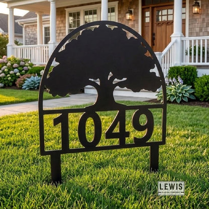 Metal Oak Tree Address Yard Sign with Stakes