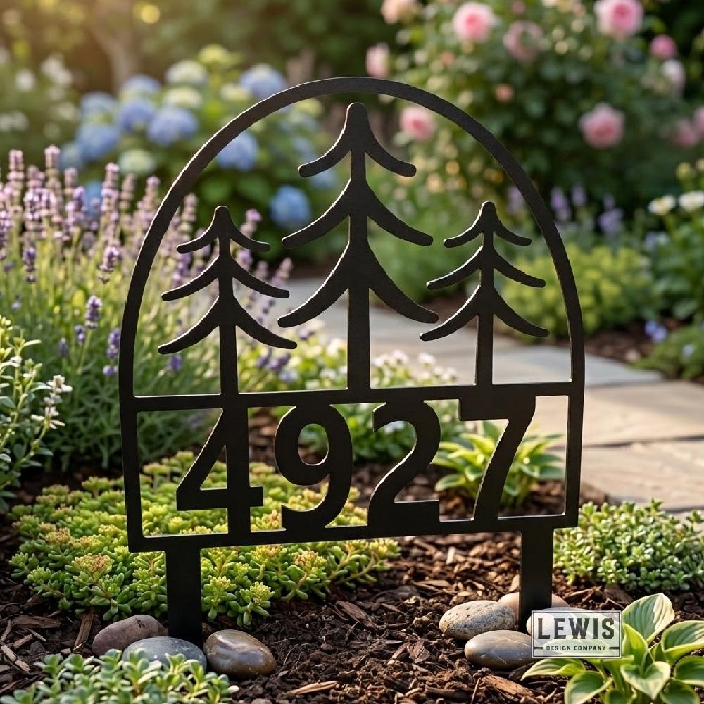 Metal Pine Trees Address Yard Sign with Stakes