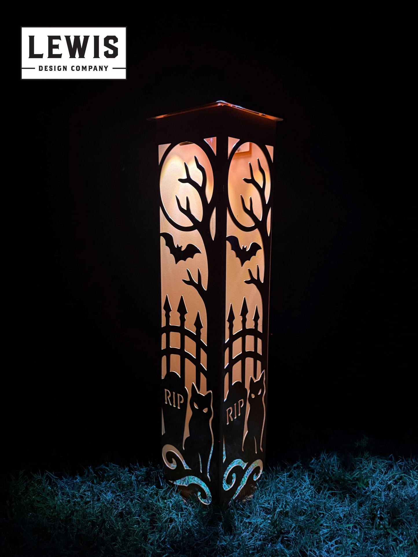 Black Cat Halloween Solar LED Column, Lighted Graveyard Yard Decor, Metal Halloween Lantern, Outdoor Cat & Bat Porch Decoration