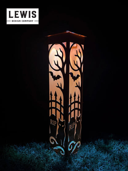 Black Cat Halloween Solar LED Column, Lighted Graveyard Yard Decor, Metal Halloween Lantern, Outdoor Cat & Bat Porch Decoration
