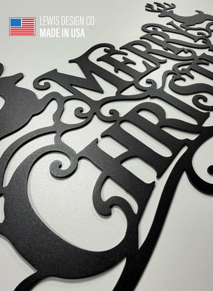Merry Christmas Metal Sign with Deer – Metal Holiday Art  – Handmade Christmas Decoration