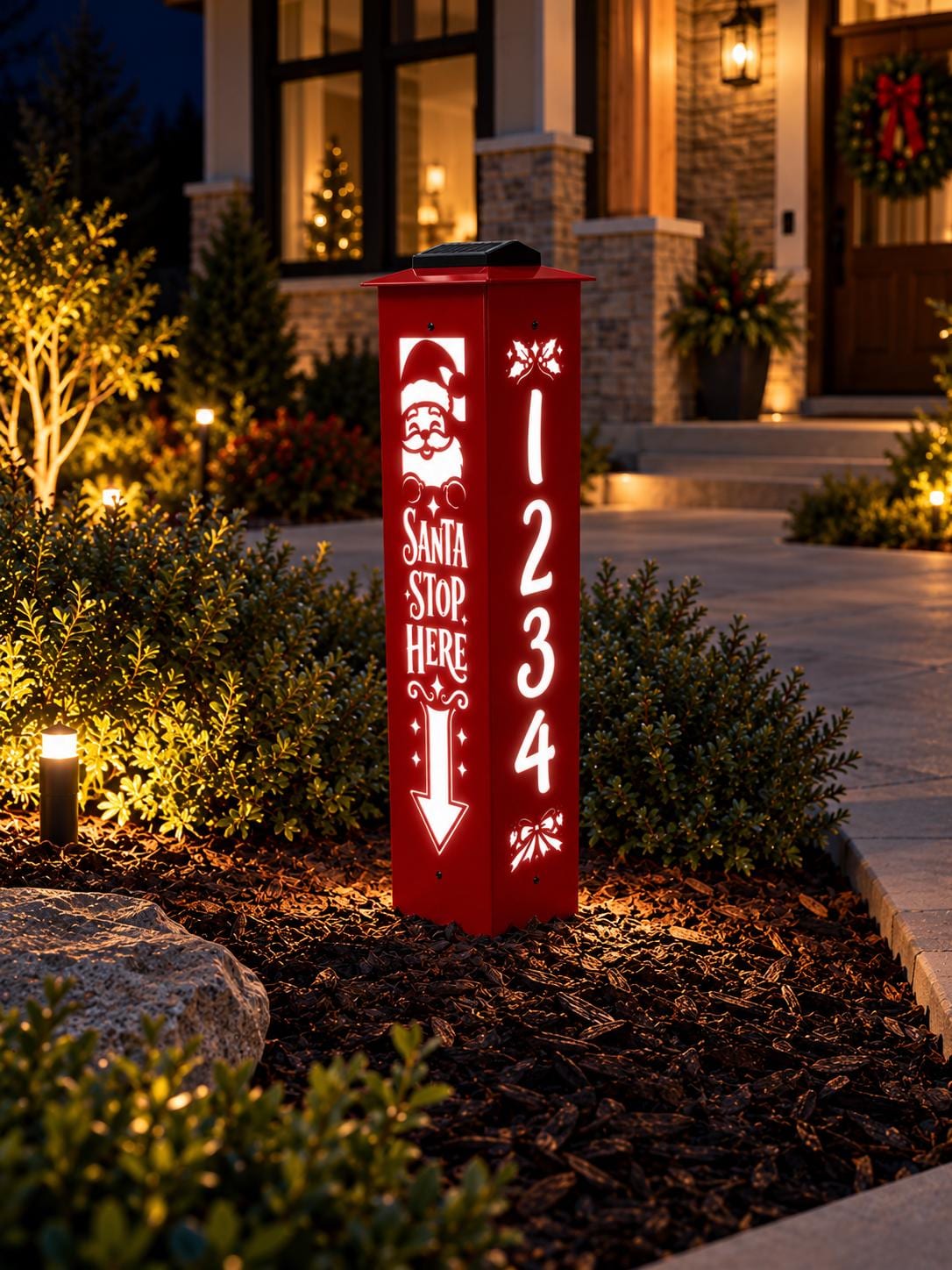 Santa Stop Here Address Post, Solar LED Column, Lighted Christmas Yard Decor