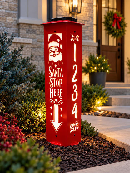Santa Stop Here Address Post, Solar LED Column, Lighted Christmas Yard Decor