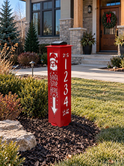 Santa Stop Here Address Post, Solar LED Column, Lighted Christmas Yard Decor