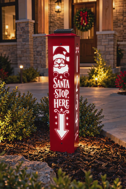 Santa Stop Here Address Post, Solar LED Column, Lighted Christmas Yard Decor