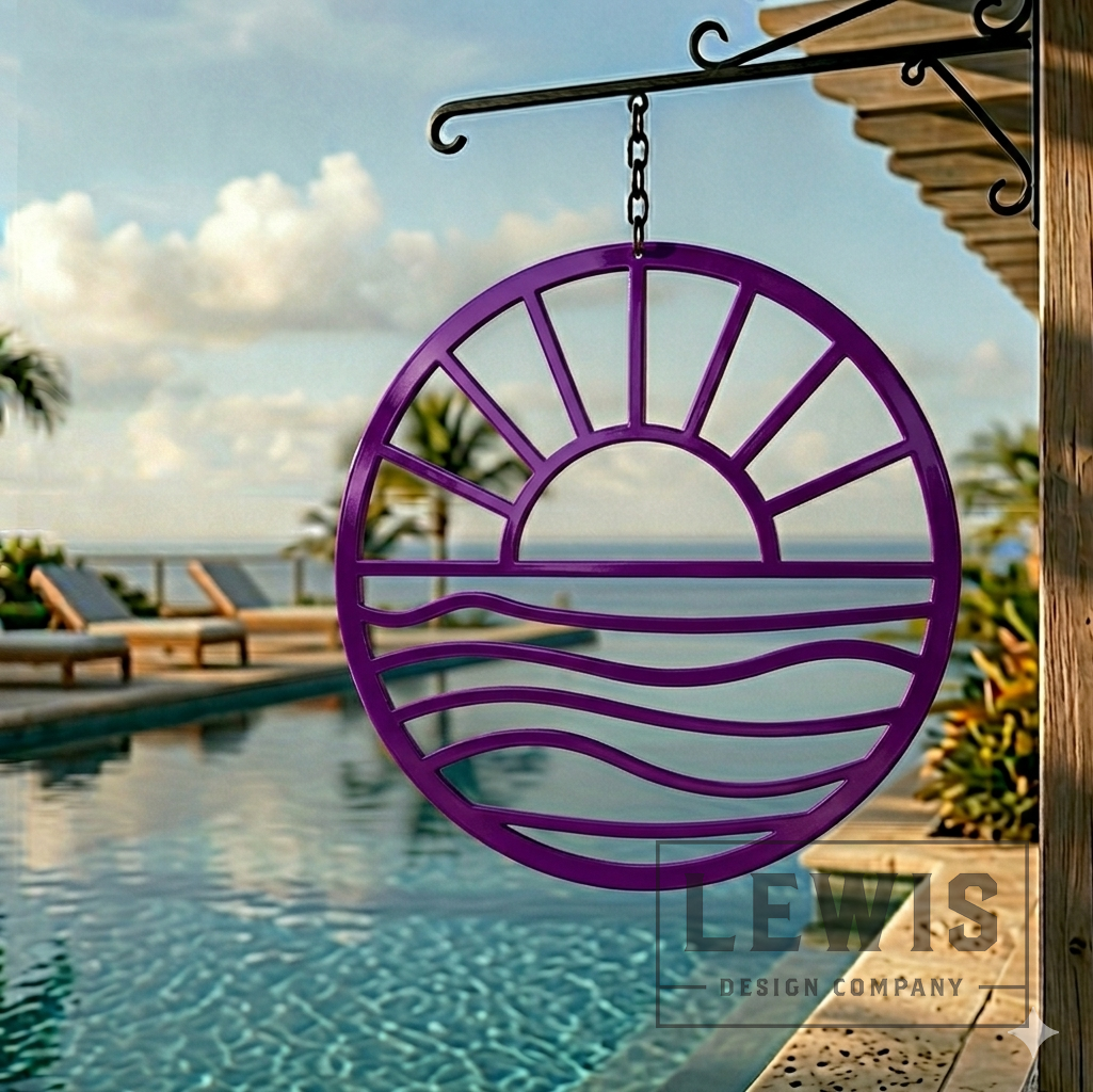 Candy purple Sun and Waves metal wall art hanging poolside at beach house with ocean view and palm trees