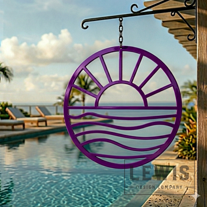 Candy purple Sun and Waves metal wall art hanging poolside at beach house with ocean view and palm trees