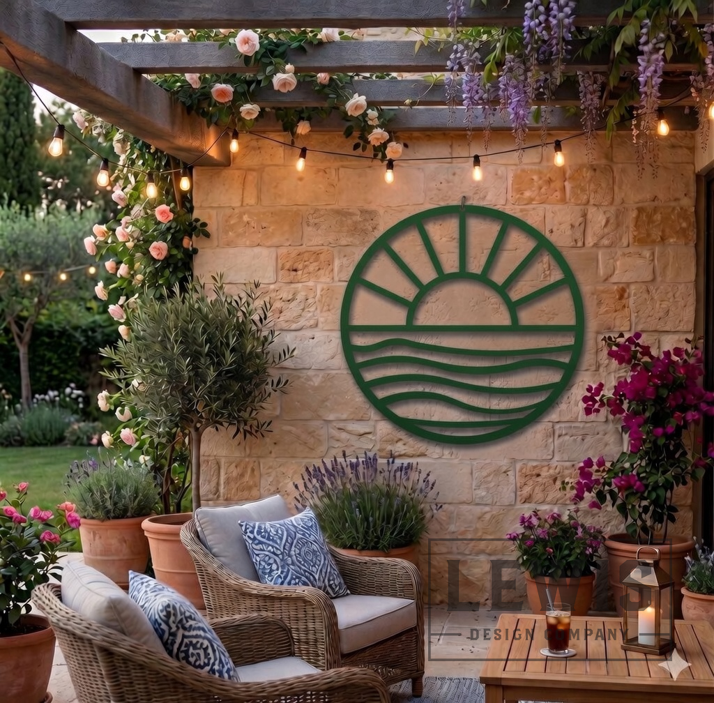 Green Sun and Waves metal wall art mounted on stone patio wall for lush garden and coastal home decor