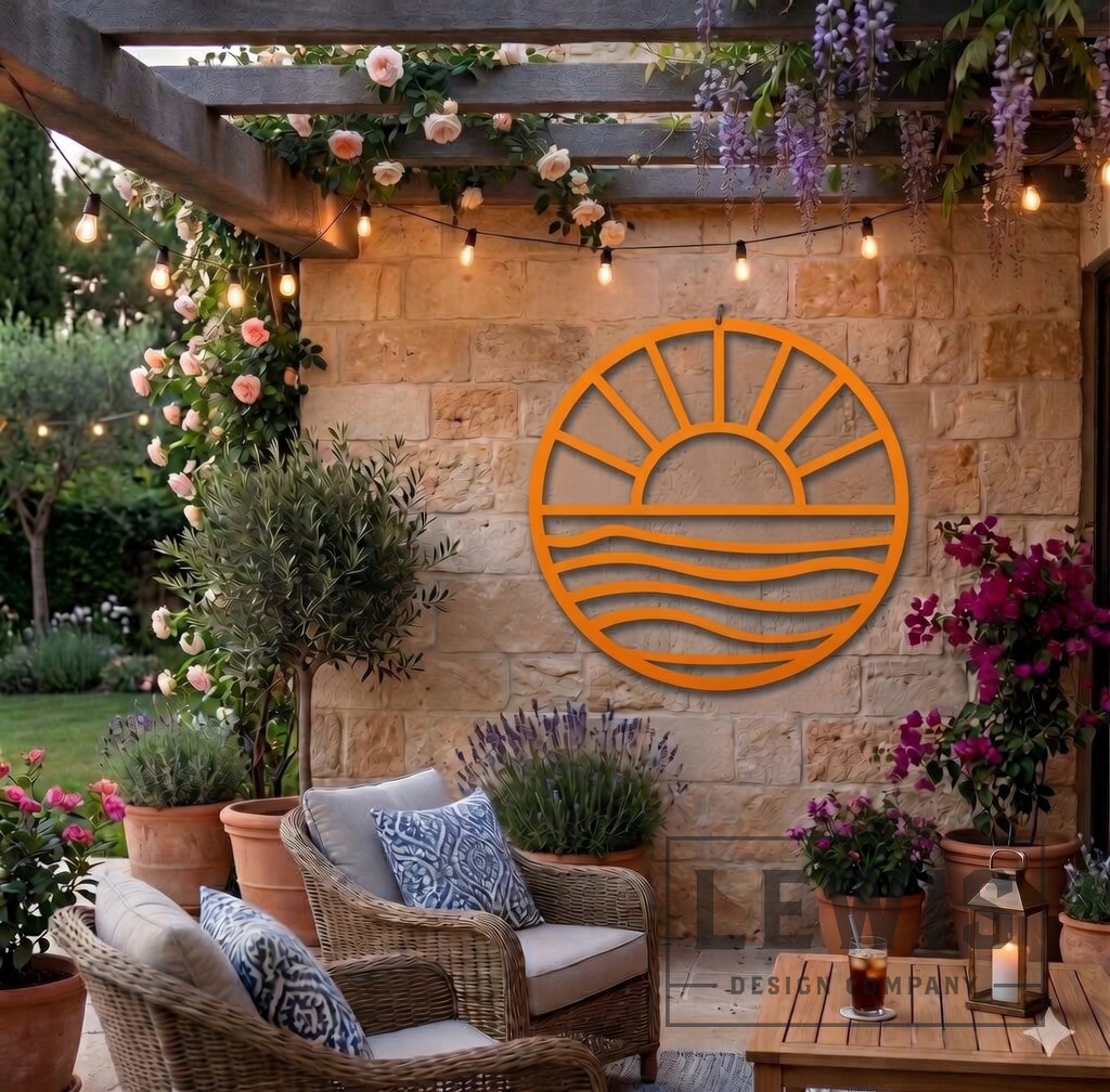 Orange Sun and Waves metal wall art mounted on outdoor patio wall with warm tropical sunset tones