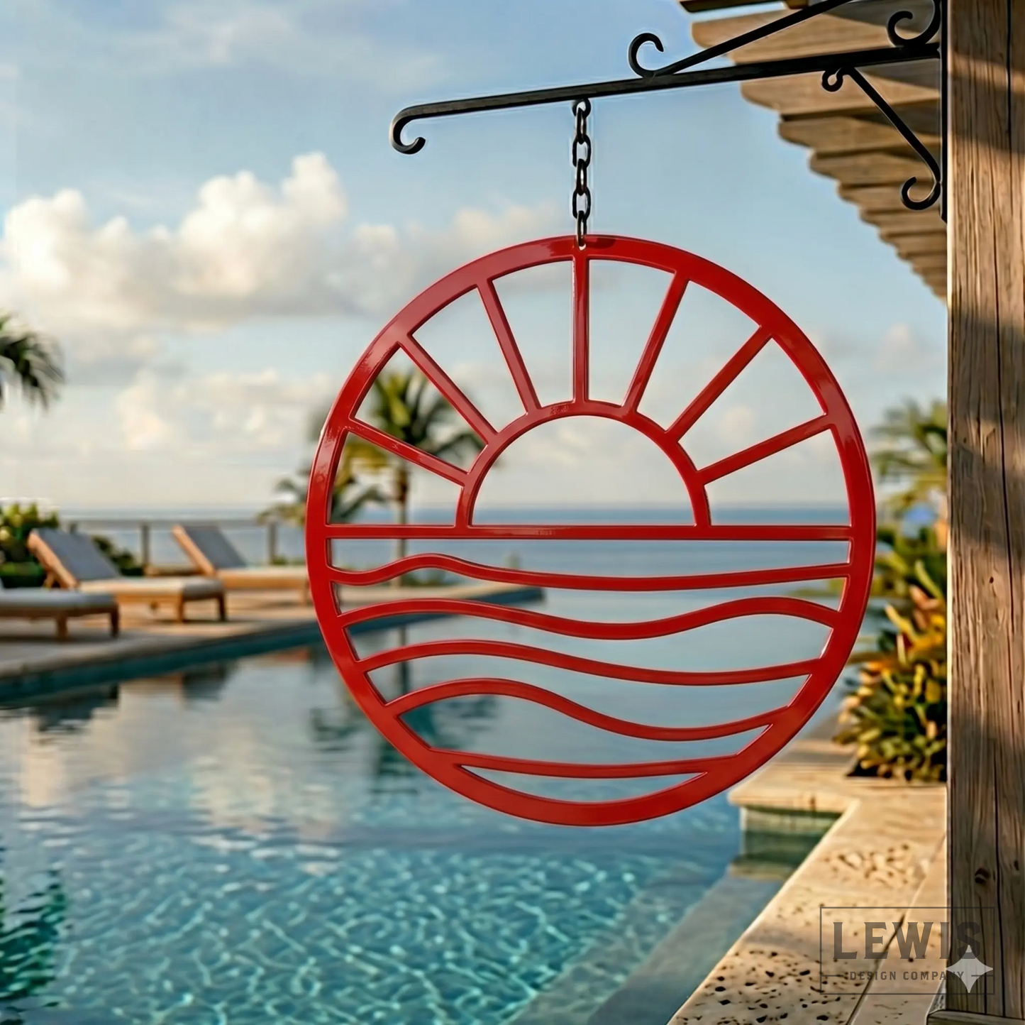 Red Sun and Waves metal wall art hanging poolside at coastal beach house with palm trees and ocean view