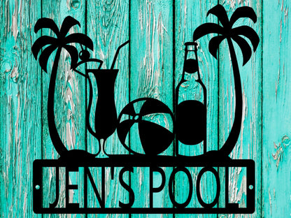 Custom Pool and Beach Sign with Drinks, Monogram Sign, Bar Sign, Beach Sign, Beach House Sign, Beach Sign, Fathers Day, Pool Sign